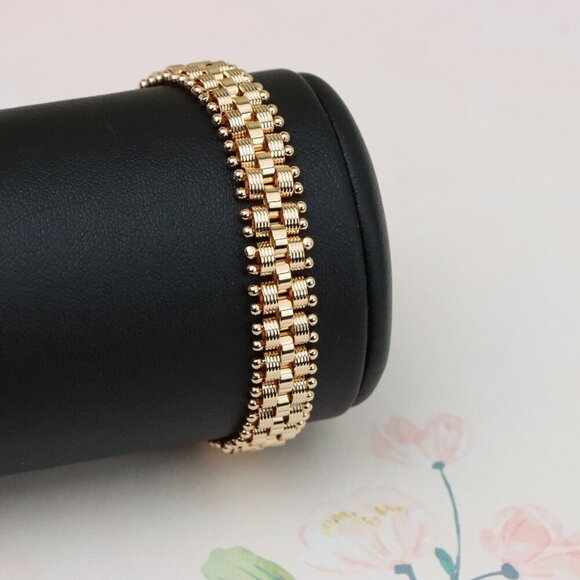 "Elegant Rose Gold Wide Link Bracelet with Beaded Edge Design, XPBL0859 - Picture 1 of 12